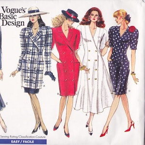 May include: Vogue's Basic Design sewing pattern featuring four double-breasted dresses. The dresses are in various styles, including a plaid blazer dress, a red dress, a white dress, and a navy polka dot dress. The pattern is rated as Easy.