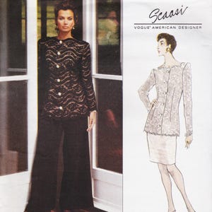 May include: A sewing pattern envelope for a Scaasi Vogue American Designer garment set. The image displays a long-sleeved black lace jacket with round buttons and matching black wide-leg trousers, alongside a fashion illustration of the same design.