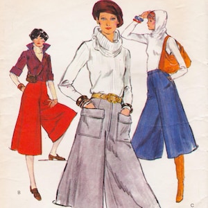 May include: A vintage fashion illustration showcasing three figures in 1970s clothing. The outfits feature wide-leg trousers in red, grey, and blue, complemented by tops such as a striped shirt, a roll-neck sweater, and a hooded top. Accessories include belts and bags.