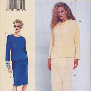 May include: A sewing pattern showing two women's outfits. One is a blue long-sleeved top and skirt, the other a pale yellow long-sleeved top and skirt. The pattern includes a barcode at the top of the image.