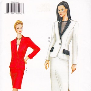May include: A pattern illustration featuring two women's suits. One suit is bright red with a matching skirt, and the other is white with black lapels and pocket details. The suits are classic and tailored.
