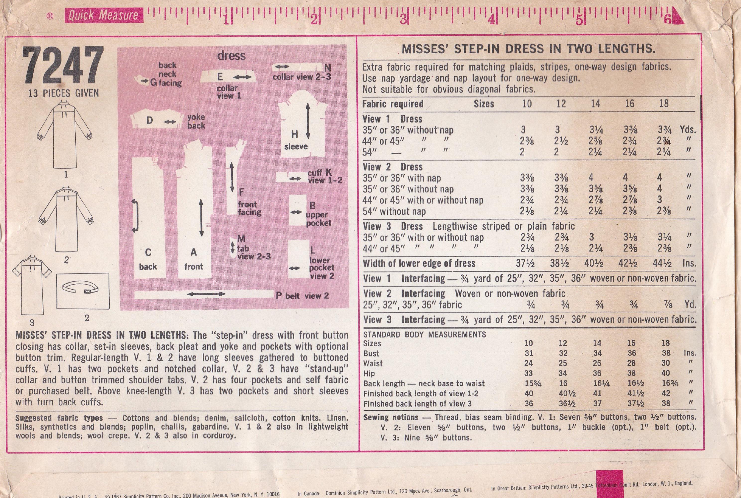 Simplicity 7247 Vintage 1960s Sewing Pattern Dress Size 12 Bust 32 ...