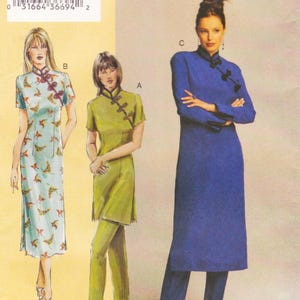 May include: Image of a pattern for women's clothing featuring three different designs. The designs include a light blue dress with a butterfly print, a lime green tunic and pants set, and a long blue dress with a mandarin collar.