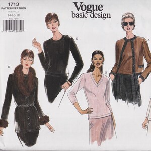 May include: A Vogue basic design sewing pattern envelope 1713 featuring illustrations of four different garments: a black jacket with fur trim, a black long-sleeve top, a light pink V-neck sweater, and a brown jacket with black trim and buttons.