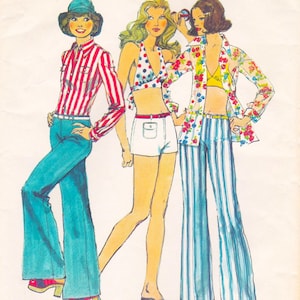 May include: Illustration of three figures in 1970s fashion. One wears a red and white striped shirt, blue jeans, and a hat. Another has a polka dot bikini top and white shorts. The third figure is in a floral shirt, yellow top, and blue striped pants.