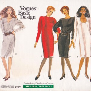 May include: Vogue's Basic Design sewing pattern with illustrations of four dresses: white, red, black, and white with stripes. The pattern is rated Very Easy. The text 'PATTERN/PATRON 2326' is visible.