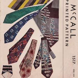 Peut inclure: Un patron imprimé McCall 1517 pour cravates en taille unique. L'illustration présente plusieurs cravates avec divers motifs, notamment des rayures jaunes et noires, des pois blancs sur fond vert, des carrés bleus et des motifs floraux ou paysagers.