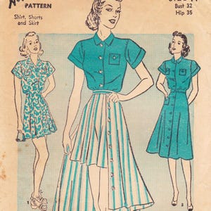 May include: Vintage sewing pattern illustration featuring three women's outfits: a shirt and shorts set, a shirt and skirt set, and a button-down dress. The outfits are in shades of teal and white, with striped and patterned designs. The pattern includes bust and hip measurements.
