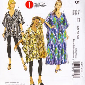 May include: Sewing pattern featuring three different tunic tops. The tops have a V-neck and a drawstring waist. One top is black and white, another is yellow and black, and the third is purple and green. The pattern includes the text "1 Hour Top".