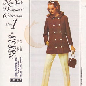 May include: A vintage fashion illustration features a brown double-breasted coat with large white buttons, paired with cream-colored pants. The image includes text for a sewing pattern, "New York Designers' Collection," and "N8838."