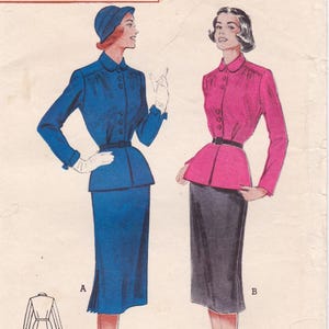 May include: Vintage fashion illustration featuring two women in tailored suits. One woman wears a blue suit with a matching hat and gloves, the other a pink jacket and dark skirt. Both outfits include a fitted waist and button-down details.