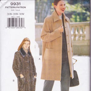 May include: A sewing pattern envelope labeled 9931 featuring two coat designs. Design A is a solid tan long-sleeve coat with a collar and two front patch pockets. Design B is a dark brown and black herringbone patterned coat with a dark collar.