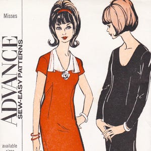 May include: Vintage sewing pattern featuring illustrations of two dresses. One dress is red with a white collar and a floral pendant. The other is a long-sleeved black dress. The pattern is labeled "Advance Sew-Easy Patterns."