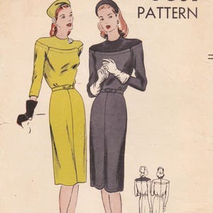 May include: Illustration of two women in vintage dresses. One woman wears a yellow dress with a matching hat and black gloves. The other woman is in a dark gray dress with a black headband and white gloves. The word "PATTERN" is visible.