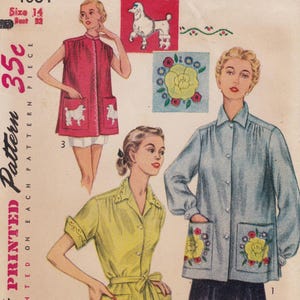 Simplicity 4064, Vintage 1940s Sewing Pattern & Embroidery Transfer, Smock, Size 14 Bust 34, Uncut