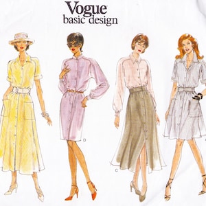 May include: Vogue basic design pattern featuring illustrations of button-down dresses and a skirt with a button-down shirt. The dresses are in yellow, pink, and striped fabric. The pattern includes a hat, belt, and pockets.