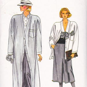 May include: Illustration of two figures in vintage fashion. One figure wears a long, light gray coat over a white collared shirt and gray pants. The other figure wears a white coat over a black top and gray pants, holding a patterned clutch.