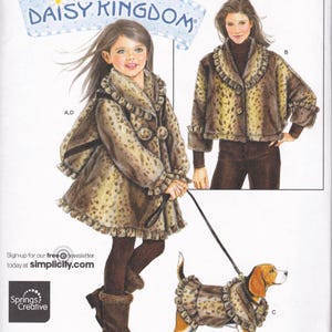 May include: An illustration of a girl and woman wearing matching leopard print coats. The girl is holding a leash attached to a dog wearing a matching coat. The image includes the text "DAISY KINGDOM" and "simplicity.com".