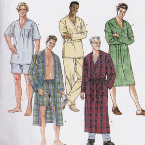 May include: A sewing pattern illustration featuring five loungewear designs: a blue striped short-sleeve shirt and shorts set, a yellow long-sleeve pajama set, a green plaid robe, a red plaid robe, and a blue and green plaid robe with matching shorts.