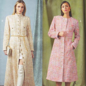 May include: Two long-sleeved coats made of textured tweed fabric. The coat on the left is beige with a gold chain belt and buttons. The coat on the right is pink and orange with a round neckline and a button-down front. Both coats are knee-length.