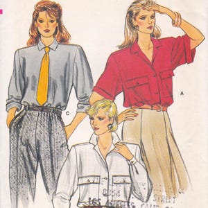 May include: An illustration of three women in button-down shirts and trousers. One wears a light blue shirt with a yellow tie and grey patterned trousers. Another wears a red shirt with beige trousers. The third wears a white shirt.