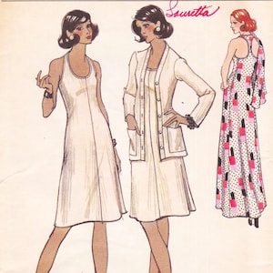 May include: Illustration of three dresses. The first is a white halter dress. The second is a white dress with a matching jacket. The third is a long dress with a black and white polka dot pattern and lipstick designs.