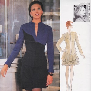 May include: A sewing pattern envelope featuring a two-tone jacket and skirt set. The jacket has a deep V-neckline, long sleeves, and a color-blocked design in blue and black. The skirt is black and sits at the waist. Includes a sketch of a tan version.