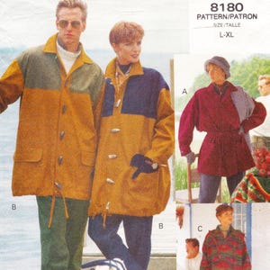 May include: A vintage sewing pattern featuring a color-blocked coat design. The coats are mustard yellow, olive green, and navy blue. The pattern is labeled "8180" and includes sizes L-XL. The image shows a man and woman wearing the coats.