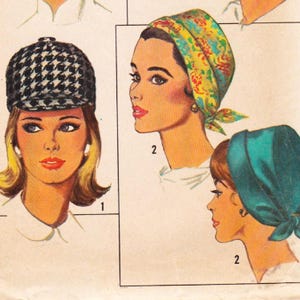 May include: A vintage sewing pattern illustration featuring three headwear styles. One figure wears a black and white houndstooth cap. Two other figures are shown in profile, one wearing a yellow floral headscarf and one in a solid teal headscarf.
