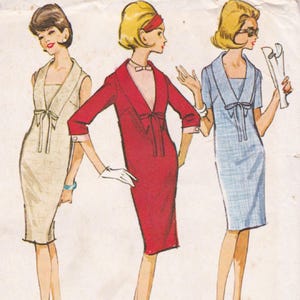 May include: Vintage dressmaking pattern showing three women in dresses. The dresses are in cream, red, and blue. Each dress has a bow detail at the neckline. The women are wearing accessories like gloves, bracelets, and headbands. The dresses have a tailored, sheath-style silhouette.