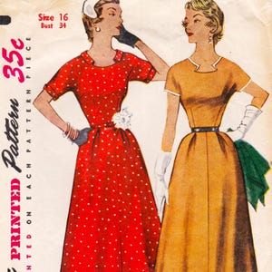 May include: Vintage sewing pattern for a dress, featuring two women wearing dresses. The dress on the left is red with white polka dots, and the dress on the right is a solid yellow. The pattern is labeled "Printed Pattern 35c One Each Pattern Piece" and includes the size 16 and bust 34.