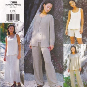 May include: A sewing pattern image featuring women's clothing designs. The pattern includes a tank top, shorts, a long-sleeved button-up shirt, and wide-leg pants. The color palette is neutral, with shades of beige and off-white. The pattern number is 1358.