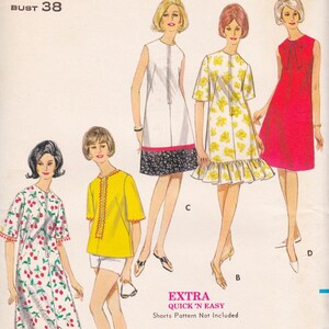 May include: Vintage sewing pattern featuring illustrations of five different dresses. The dresses include a white dress with a black and pink hem, a yellow dress with a floral pattern, and a red dress with a bow. The text "EXTRA QUICK 'N EASY" is also visible.