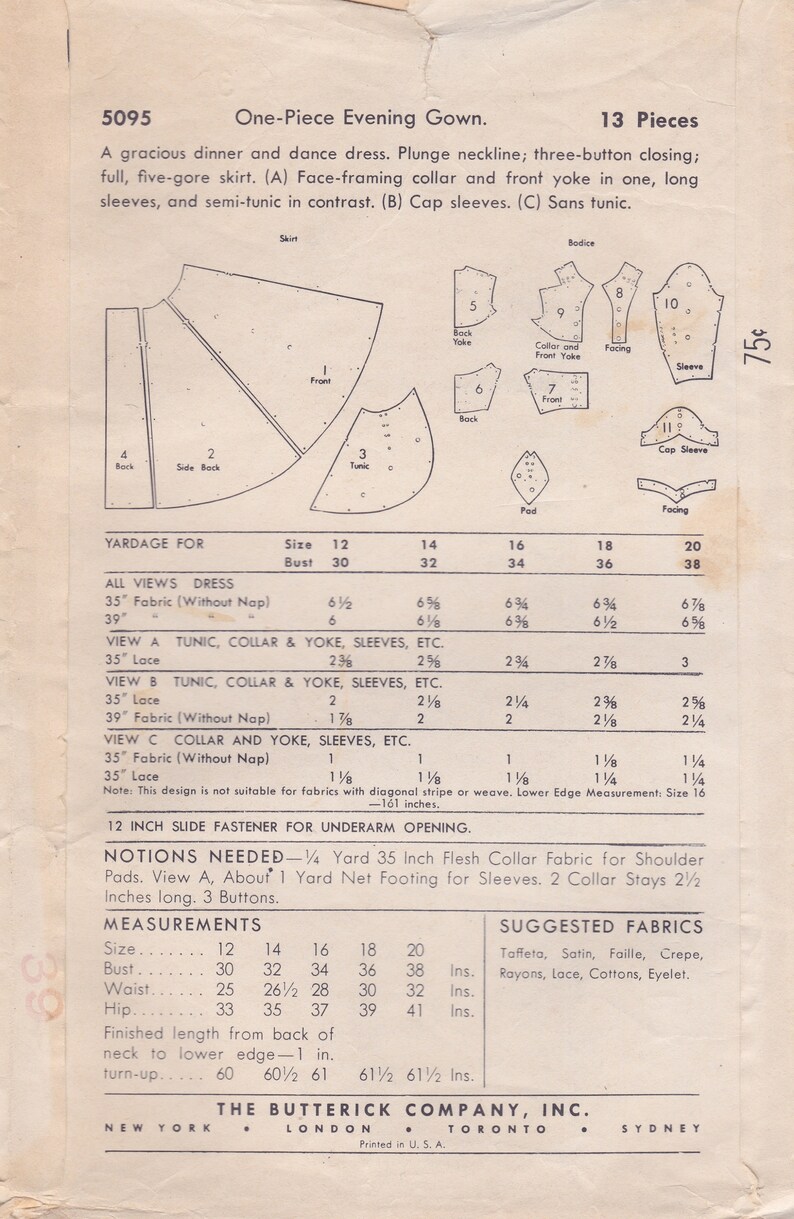Butterick 5095 / Vintage 1940s Sewing Pattern / Dress / | Etsy