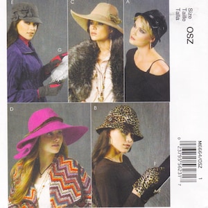 May include: A collection of women's hats in various styles. Featured are a black cloche hat, a tan wide-brimmed hat with a bow, a leopard print bucket hat, a pink wide-brimmed hat, and a gray cap with a floral accent. The image also includes gloves.