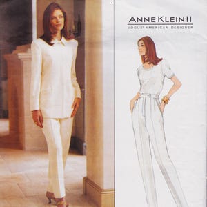 May include: A sewing pattern envelope for an Anne Klein II Vogue American Designer outfit. The image displays a cream-colored long-sleeved jacket and matching trousers, alongside a black and white fashion illustration of the same ensemble.