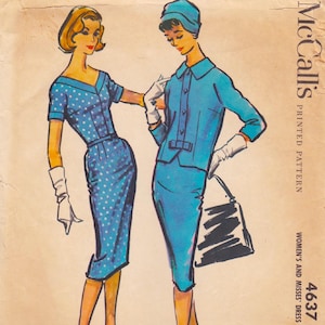 May include: Vintage McCall's sewing pattern featuring illustrations of two dresses. One dress is blue with white polka dots, the other is a solid teal suit with a matching hat. The pattern number is 4637.