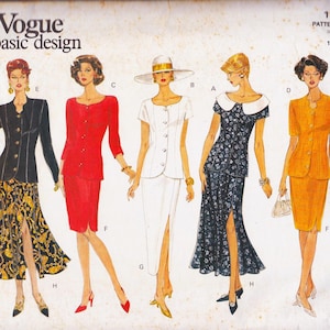 May include: Vogue basic design pattern featuring five different women's suit and dress designs. The designs include a black suit with a gold patterned skirt, a red suit, a white suit, a navy blue floral dress, and a yellow suit.