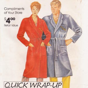 May include: A sewing pattern illustration featuring two robes, one red and one blue, both with shawl collars, long sleeves, waist ties, and front pockets. The text on the image reads Compliments of Your Store, $4.00 Retail Value, and QUICK WRAP-UP.