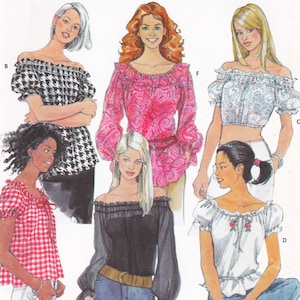 May include: Illustration of six different off-the-shoulder blouses. The blouses vary in color and pattern, including black and white houndstooth, red gingham, pink floral, white with a blue floral print, black, and white with red rose accents. Each blouse has a different sleeve style.