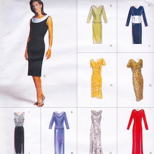 May include: A woman in a black sleeveless dress with a white collar. The image also shows several dress patterns, including a yellow floral dress, a blue suit, and a red long-sleeved dress. The dresses are in various styles.