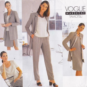 May include: Vogue Wardrobe Tamotsu sewing pattern featuring a gray pinstripe suit with a blazer, skirt, and pants. The pattern also includes a dress and a short-sleeved top. The models are wearing the different pieces of the suit.