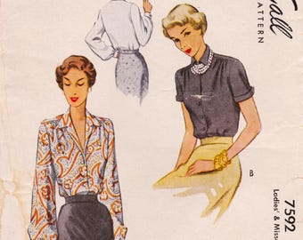 McCall 7592 Vintage 1940s Sewing Pattern Blouse Shirt Top Size 14 Bust 32