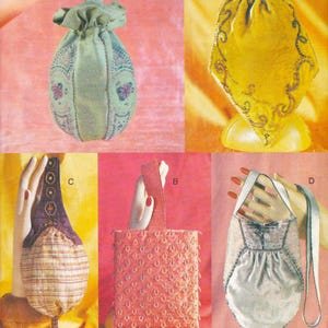 May include: A collection of vintage purses in various styles. One is a drawstring bag with floral embroidery, another is a gold, beaded clutch, and others feature unique textures and designs. The purses are displayed on a colorful background.