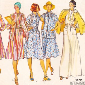 May include: Illustration of vintage women's fashion designs. The designs include dresses, jackets, and skirts in various patterns and colours, including stripes and floral prints. The image also features a yellow jacket and a sun hat. The text "1472 PATTERN/PATRON" is visible.