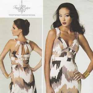 May include: A Tracy Reese Vogue Patterns American Designer sewing pattern envelope featuring a sleeveless dress with a V-neckline and a cut-out back detail. The dress has a white, tan, and dark brown abstract geometric print and a fitted bodice.