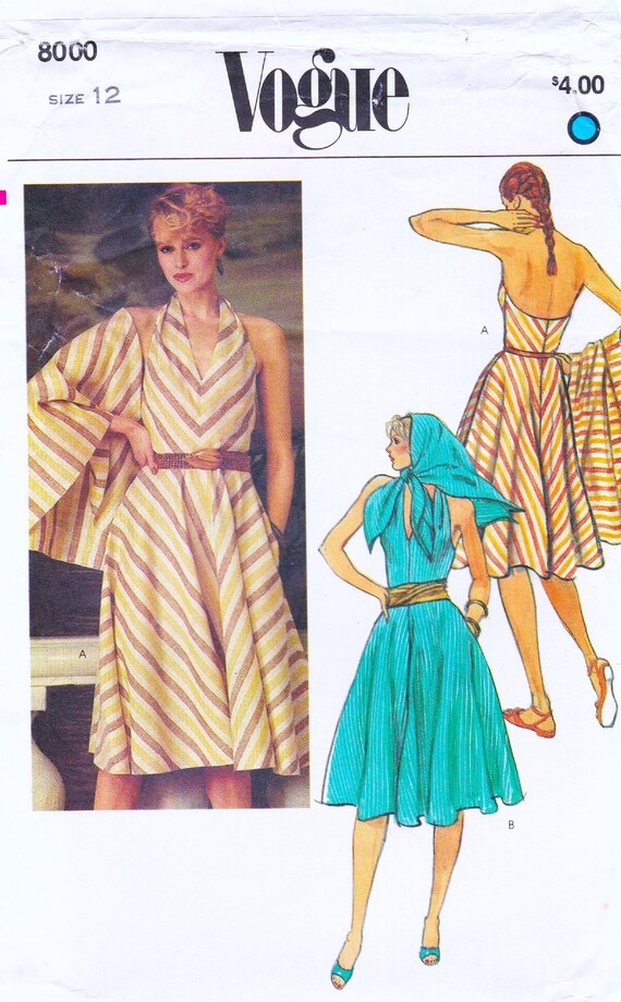 Vogue 8000 Vintage Sewing Pattern Halter Dress And Shawl Size 12 Bust 34  Unused