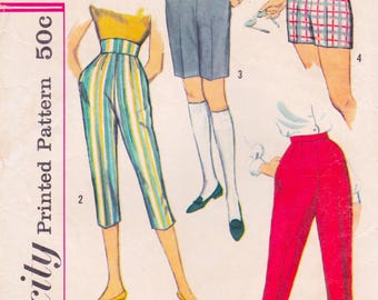 Simplicity 2996, Vintage 1950s Sewing Pattern, Pants, Shorts, Trousers, Bermudas, Capris, Waist 24