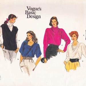 May include: An illustration from Vogue's Basic Design featuring four different women's fashion designs. The designs include a black vest over a white turtleneck, a blue top with a square neckline, a pink top with a high collar, and a white blouse.