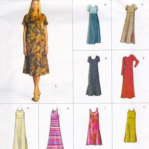 May include: A woman models a brown and yellow floral print dress. The image also shows dress patterns in various styles: a blue dress, a tan dress with buttons, a navy dress, a red dress, a yellow dress, a striped dress, and a pink floral dress.